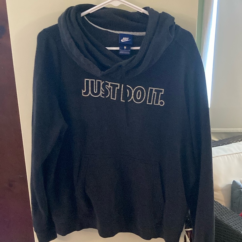 Like new Black Nike cowl neck hooded sweatshirt with Silver “ Just Do It”  logo.